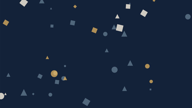 Abstract geometric confetti background vector illustration with dark blue backdrop scattered circles squares triangles gold gray teal decorative pattern