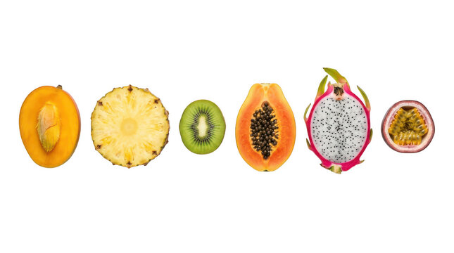 Set of fresh tropical fruit slices including pineapple kiwi papaya dragon fruit and passion fruit arranged in a row