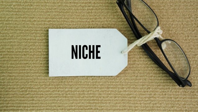 Glasses and paper tags with the word niche. shallow hollow in a wall, a job or market that fits a person or product well, or an organism's specific role in nature