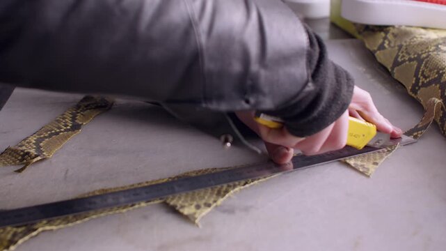 Tailor occupation. Leather workshop. Unrecognizable professional man hands using stationery knife metal ruler cutting material at workplace.