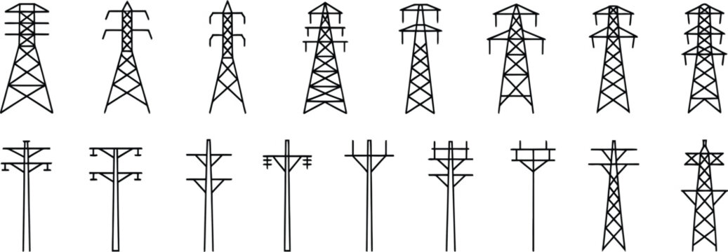 High voltage power line transmission tower icon set on white backdrop, electrical energy infrastructure, electricity distribution and utility network vector illustration.