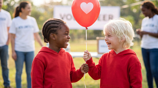 World Kindness Day bright close-up of two children in red volunteer hoodies holding a red balloon, ideal for charity website banners and festive campaign visuals.