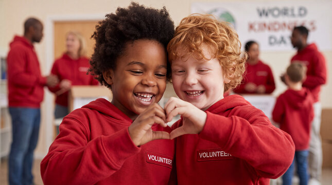 World Kindness Day macro close-up of two children in red volunteer hoodies making a heart with their hands, perfect for charity hero and kindness campaign imagery.