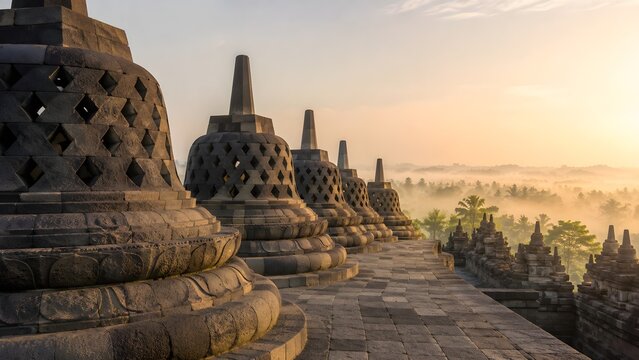 Ancient Stupas of Borobudur Temple at Sunrise with Misty View, World Heritage Site in Magelang, Central Java, Indonesia