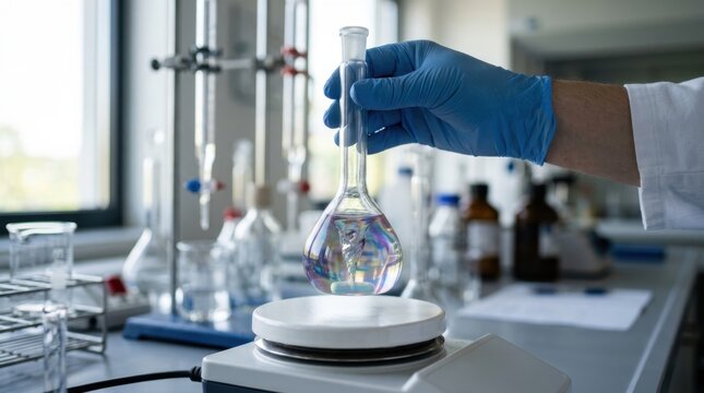 Scientist holding volumetric flask with swirling liquid in laboratory