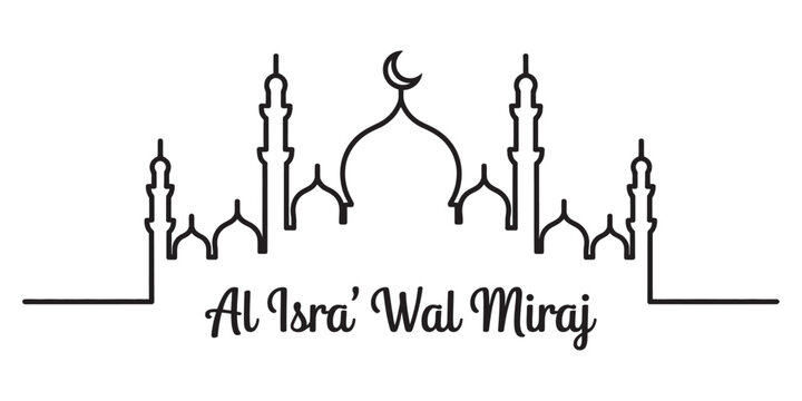 Al isra wal miraj line art design with mosque silhouette and crescent moon
