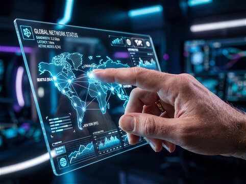 Businessman hand using digital pen touching futuristic transparent hologram screen displaying financial market trends, stock charts, data analytics, network connection, and secure encryption code. Hig