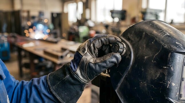 Professional welder adjusting settings on a protective safety helmet