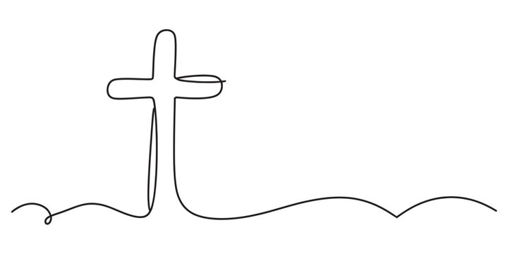 Continuous single line drawing of a christian cross symbol