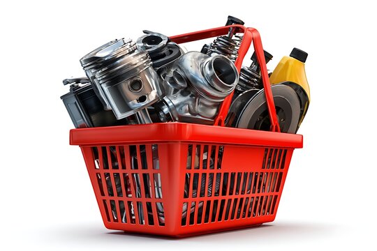 Red shopping basket filled with various automotive spare parts and accessories isolated on white background