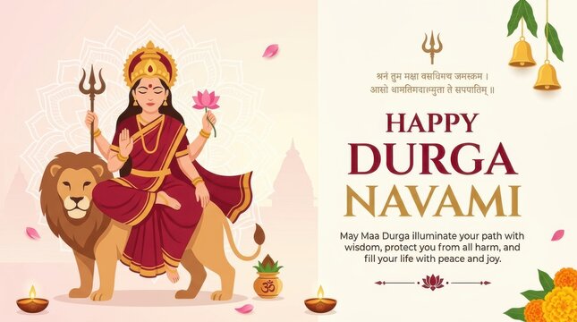 Happy durga navami greeting card with goddess durga sitting on a lion holding a lotus and trident with traditional lamps and flowers