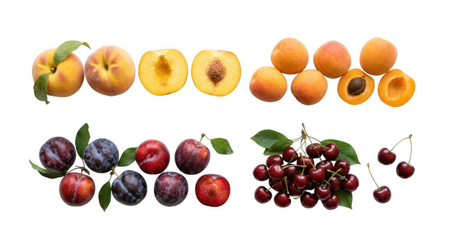 Fresh peaches apricots plums and cherries assorted summer fruits arranged on a flat surface