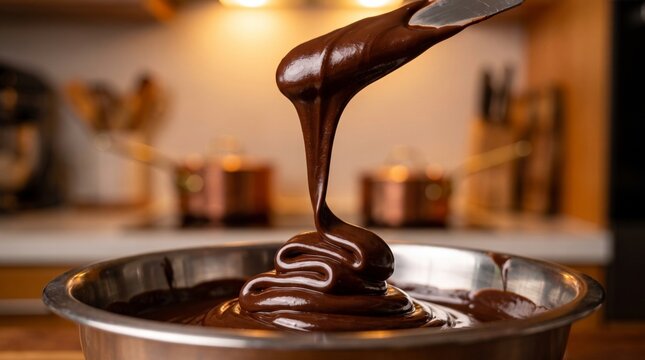 Chef pouring melted chocolate into bowl, culinary preparation
