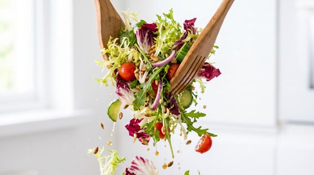 Wooden fork tossing fresh mixed salad greens, vegetables in motion