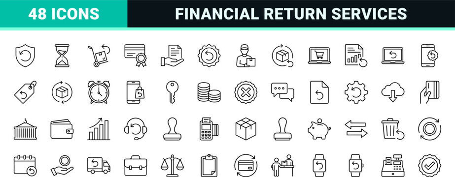 Refund And Money Back Services line icon set. Vector pictograms of payment, return, shipping, and transaction elements, thin linear illustration.