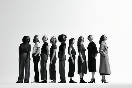 A diverse group of women standing in a line and looking upwards isolated on white background