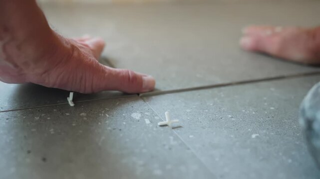 Close-up of a worker leveling freshly laid floor tiles by pressing the edges beside plastic spacers, ensuring an even surface and consistent joints.