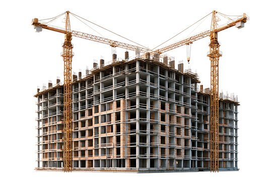 Construction site of a highrise building with two tower cranes isolated on white background