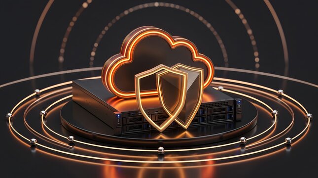 Cloud Server Security with Shields and Neon Cloud Icon