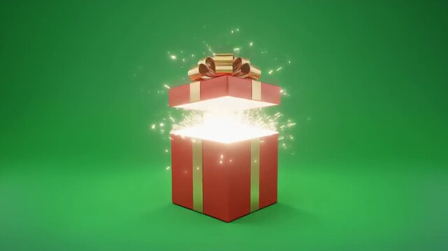Red gift box with gold ribbon falling and opening animation. 3D gift box lands on green background and reveals magic glowing light with sparkles. Festive holiday video for Christmas or birthdays.