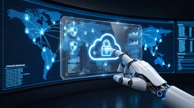 Robot hand touching secure cloud icon on digital display