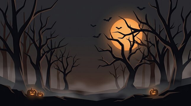Pixel art moon in a spooky dark forest with pumpkins isolated on transparent background