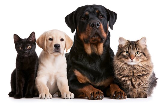 A black cat, a golden retriever puppy, a rottweiler, and a fluffy tabby cat sitting together, isolated on white background