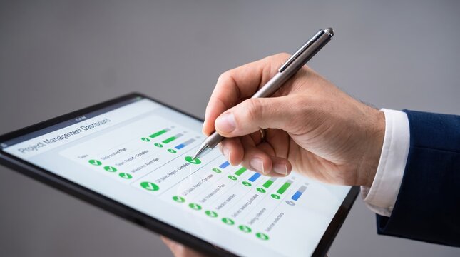 Business professional using stylus on tablet displaying project management dashboard with progress charts and task lists, representing productivity and workflow optimization