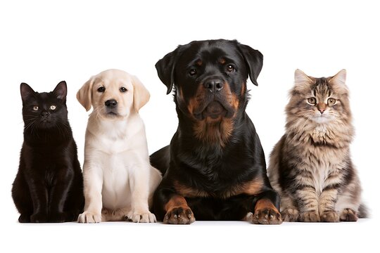 Group of domestic pets including a black cat, labrador puppy, rottweiler, and fluffy tabby cat isolated on white background