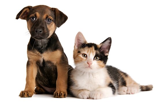 Cute puppy and calico kitten sitting together isolated on white background