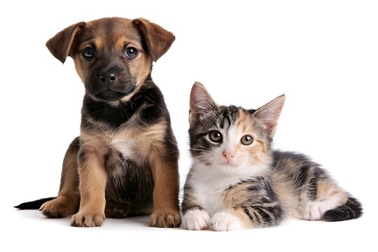 Adorable puppy and calico kitten sitting together isolated on white background