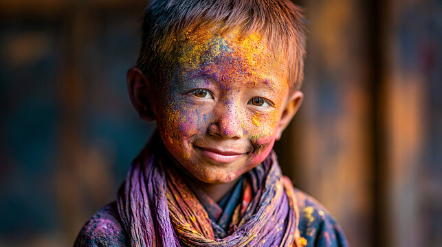 Portrait of a smiling young child with face covered in colorful powder paint portrait festival