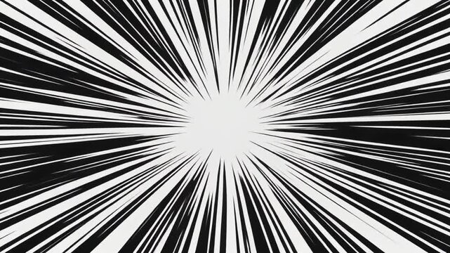 Manga speed lines background. Fast radiating black and white motion lines zooming from center for comic book action scenes. High contrast anime loop. Seamless animation for superhero motion graphics.