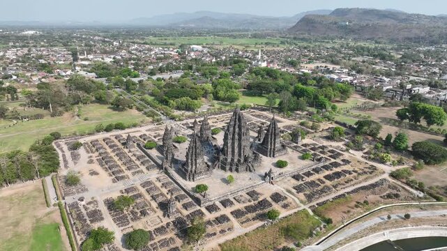 Aerial view of the historical sites of Prambanan Temple in Yogyakarta, Java, Indonesia