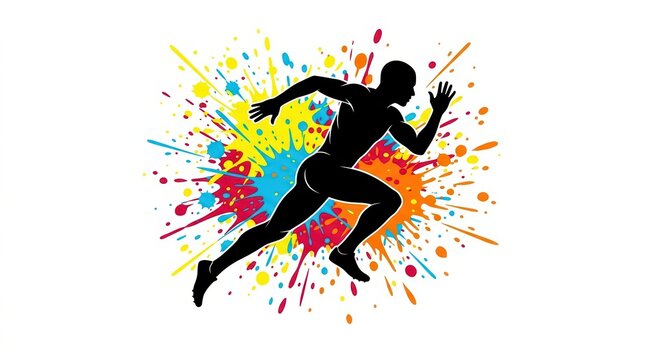 Black silhouette of a man running fast with colorful paint splash effects in a dynamic artistic style