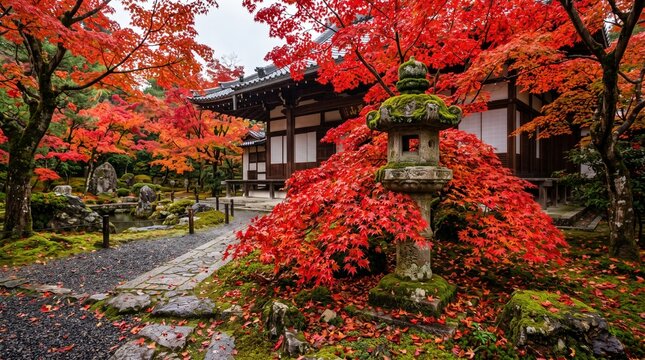 苔むした日本庭園と歴史ある木造建築を彩る真っ赤な紅葉