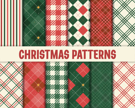 Christmas seamless pattern collection with festive plaid, tartan and argyle designs. Ideal for wallpaper, holiday backgrounds, textiles, and wrapping paper. Vector illustration.
