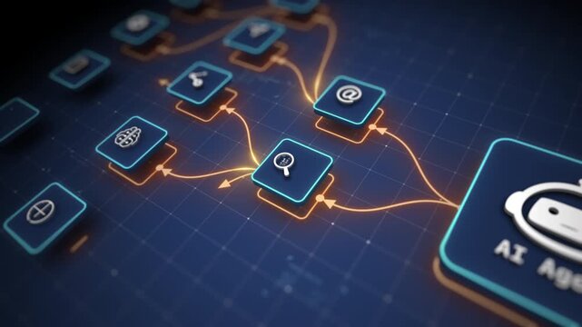 AI Agent Intelligence Core Connecting Automation and Digital Workflow Modules Motion Graphics