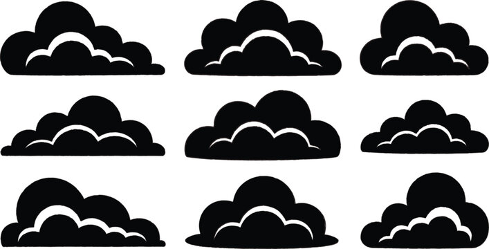 Collection of nine stylized black cloud silhouettes against a white background symbolizing weather and creativity