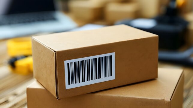A brown cardboard shipping box with a barcode label sits on top of another box on a wooden surface  with blurred office equipment in the background