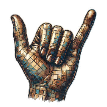 Close-up hand making rock sign gesture with glittery metallic texture