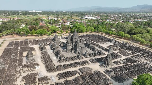 Aerial view of the historical sites of Prambanan Temple in Yogyakarta, Java, Indonesia