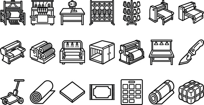 Industrial textile fabric carpet manufacturing processing heavy factory machine production line art outline vector icon set