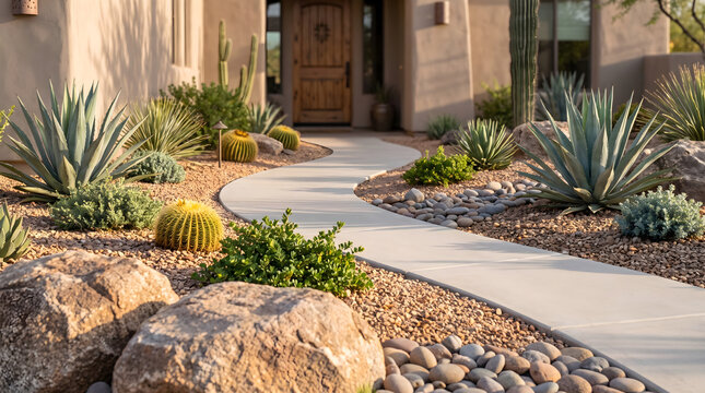Arizonas front yard featuring modern desert landscaping with native agave, cactus, and a concrete walkway
