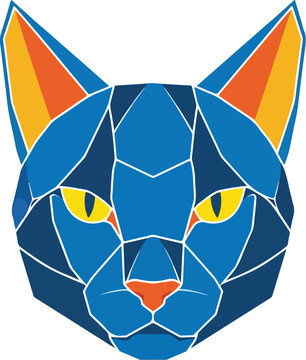 Geometric blue cat head vector illustration with amoeba under microscope abstract polygon feline art