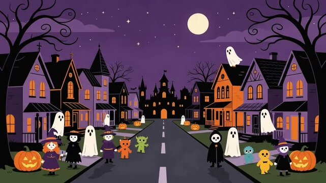 Halloween Village Street with Ghosts, Pumpkins and Haunted Houses