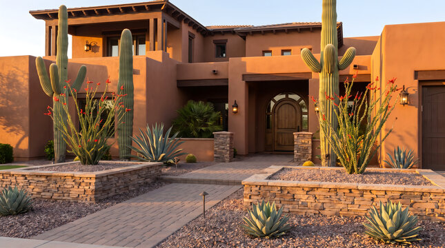 Stunning arizona front yard of modern southwestern home with desert landscaping, saguaro cactus, and rock garden