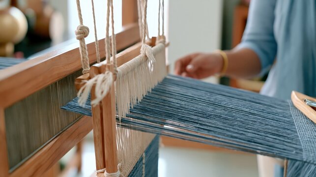 Persons hands operating a wooden loom with blue threads.