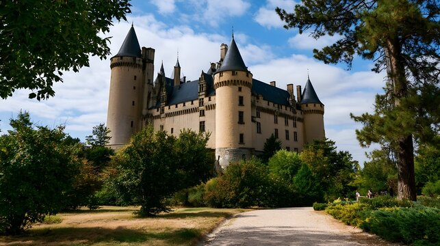 A grand medieval castle with multiple turrets and conical roofs  surrounded by lush greenery and a gravel path under a partly cloudy sky