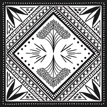 Abstract black and white vector bandana pattern with ethnic tribal ornaments and geometric shapes
